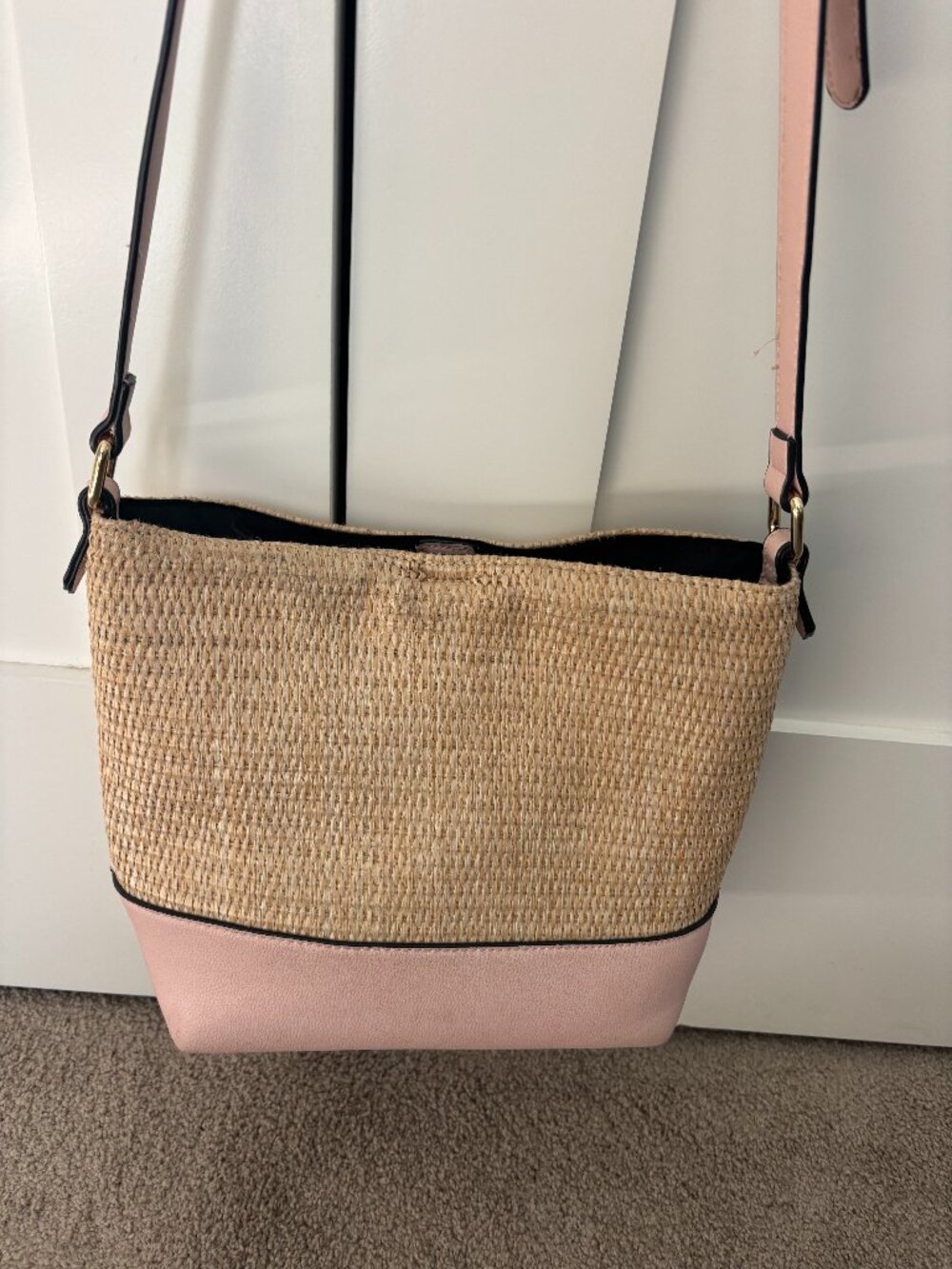 Izzy & Ali Blush Pink Woven Straw Bucket Bag Crossbody